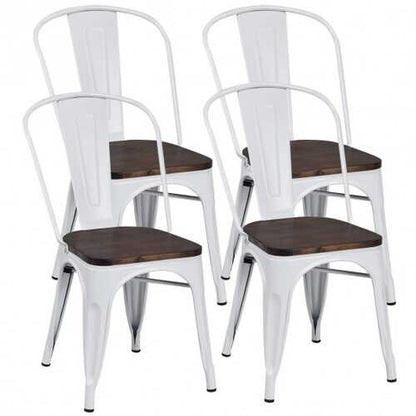 4 pcs Tolix Style Metal Dining Side Chair Stackable Wood Seat-White - Color: White