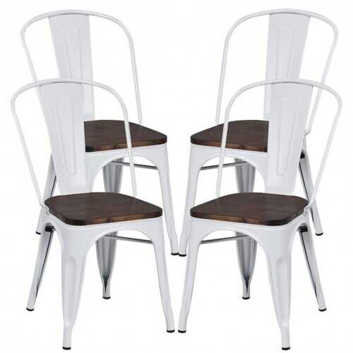 4 pcs Tolix Style Metal Dining Side Chair Stackable Wood Seat-White - Color: White