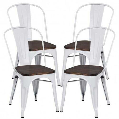 4 pcs Tolix Style Metal Dining Side Chair Stackable Wood Seat-White - Color: White