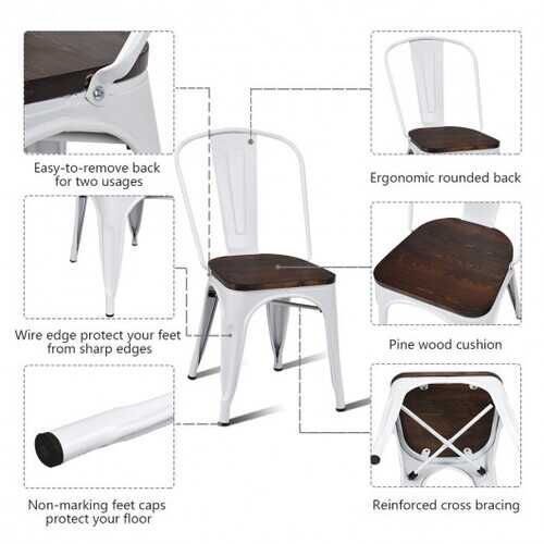 4 pcs Tolix Style Metal Dining Side Chair Stackable Wood Seat-White - Color: White