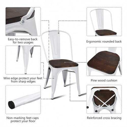 4 pcs Tolix Style Metal Dining Side Chair Stackable Wood Seat-White - Color: White