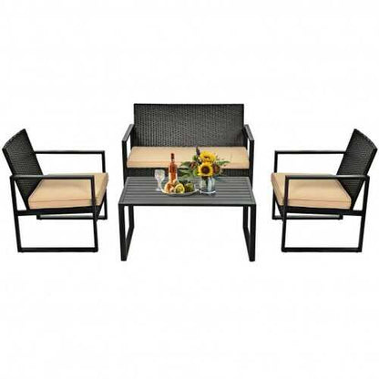 4 Pcs Patio Rattan Furniture Set Cushioned Sofa Coffee Table Garden Deck