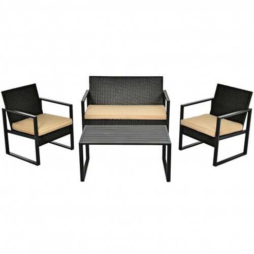 4 Pcs Patio Rattan Furniture Set Cushioned Sofa Coffee Table Garden Deck