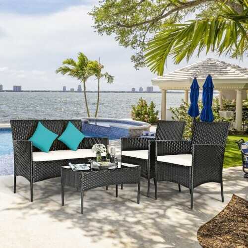 4 Pcs Patio Rattan Cushioned Sofa Furniture Set - Color: White