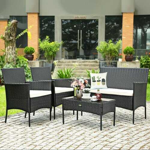 4 Pcs Patio Rattan Cushioned Sofa Furniture Set - Color: White