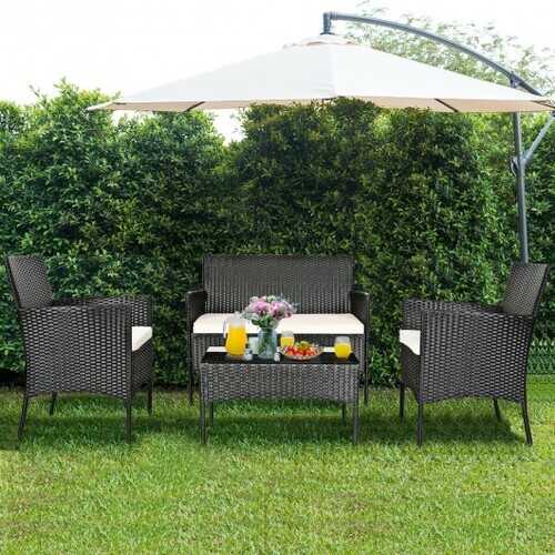 4 Pcs Patio Rattan Cushioned Sofa Furniture Set - Color: White
