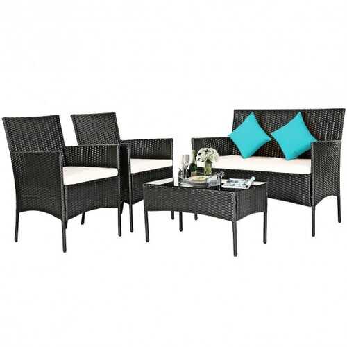 4 Pcs Patio Rattan Cushioned Sofa Furniture Set - Color: White