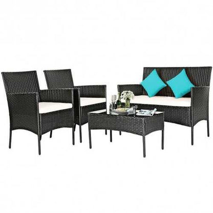 4 Pcs Patio Rattan Cushioned Sofa Furniture Set - Color: White