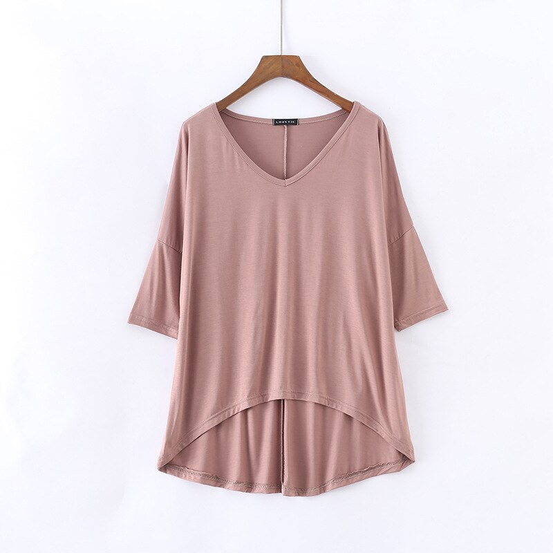Women's Bat Sleeve T-shirt Korean Japan Style V-neck Solid Color Middle Sleeve Top Casual Summer Tee Large Size