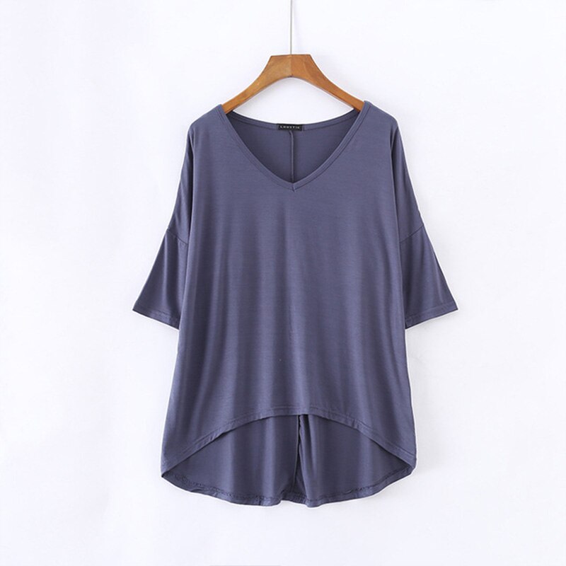Women's Bat Sleeve T-shirt Korean Japan Style V-neck Solid Color Middle Sleeve Top Casual Summer Tee Large Size