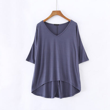 Women's Bat Sleeve T-shirt Korean Japan Style V-neck Solid Color Middle Sleeve Top Casual Summer Tee Large Size