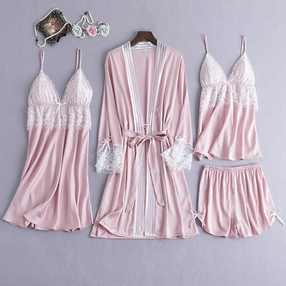 Satin Lace 5PCS Sleep Set Sexy Kimono Bathrobe Gown Female Robe Silky Nightwear Intimate Lingerie Casual Nightgown Sleepwear