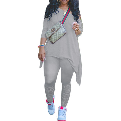 CM.YAYA Women Off Shoulder Irregular Long Sleeve Tops Stacked Pants Suit Active Wear Tracksuit Two Piece Set Fitness Outfits