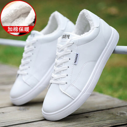 Men's White Sneakers Plus Velvet Warm Winter Shoes For Men Shoes Casual Lace Up PU Leather Ankle Boots