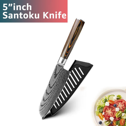 Kitchen knife Japanese Chef Knives 7CR17 440C Stainless Steel Imitation Damascus Knife Meat Cleaver Slicer Santoku Cutter Set
