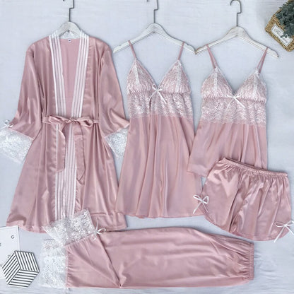 Satin Lace 5PCS Sleep Set Sexy Kimono Bathrobe Gown Female Robe Silky Nightwear Intimate Lingerie Casual Nightgown Sleepwear