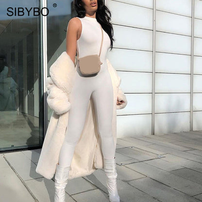 Sibybo Sleeveless Skinny Summer Rompers Womens Jumpsuit O-Neck Invisible Zipper Sexy Jumpsuit Women Solid Sport Casual Overalls