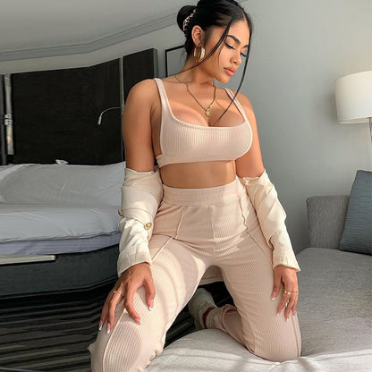 NewAsia Tacksuit Women 2 Piece Set Sleeveless White Ribbed Two Piece Outfits Crop Top Long Pants Plus Size Casual Matching Sets