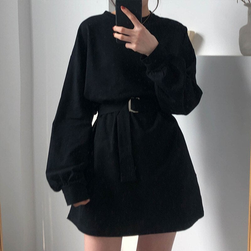 New Spring Autumn Dress Women With Belt Red Korean Dresses Woman Long Sleeve Solid Casual Short Dress Vestidos Mujer Robes