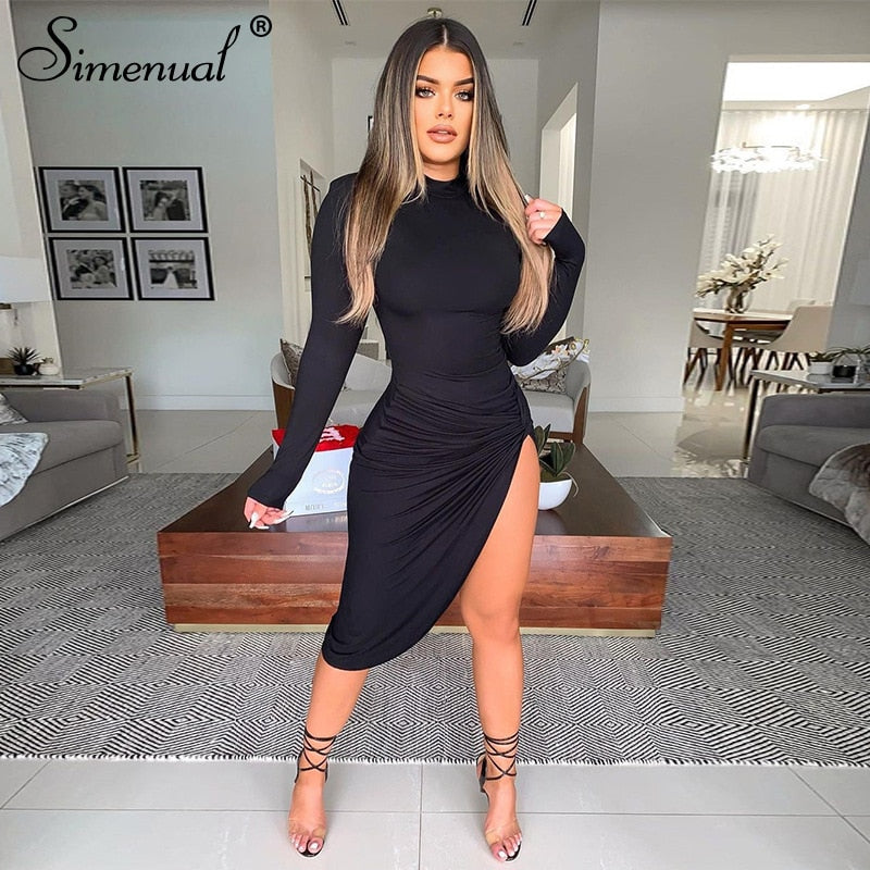 Simenual Wrap Side Split Bodycon Midi Dresses Long Sleeve for Women Fall 2020 Clothing Solid Night Partywear Skinny Dress Autumn