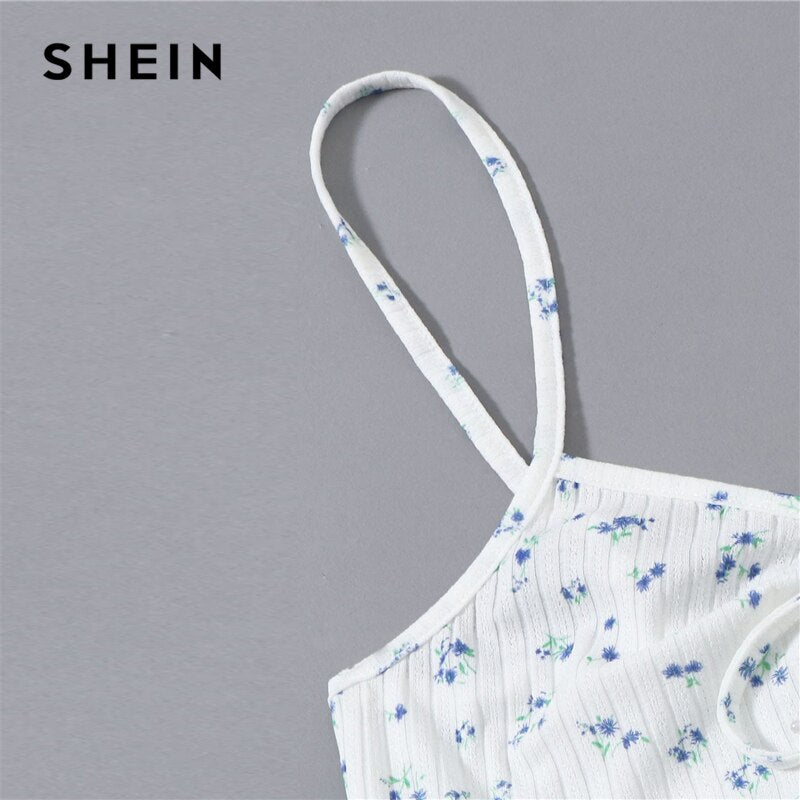 SHEIN White Ruched Knot Front Ditsy Floral Crop Cami Top and Shorts PJ Set Women Summer Rib-Knit Sleepwear Casual Pajama Sets