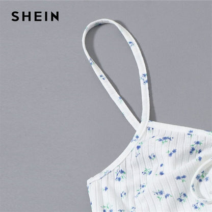 SHEIN White Ruched Knot Front Ditsy Floral Crop Cami Top and Shorts PJ Set Women Summer Rib-Knit Sleepwear Casual Pajama Sets