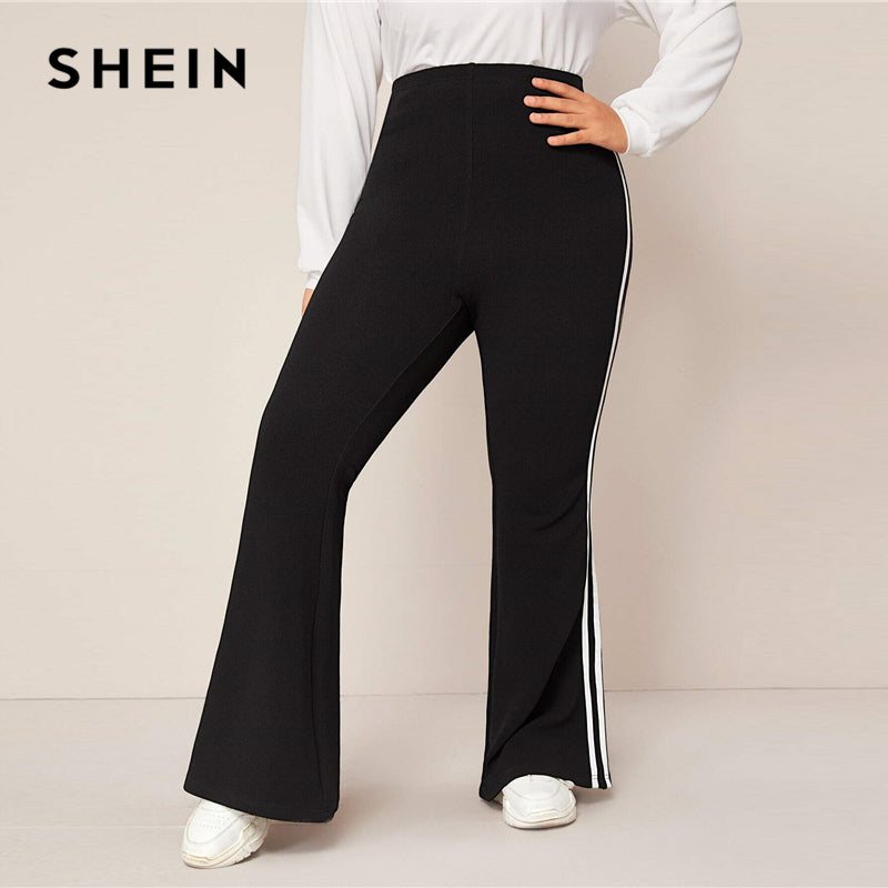 SHEIN Plus Size Black Striped Side Flare Leg Joggers Women Spring Autumn Pants High Waist Sporting Long Trousers