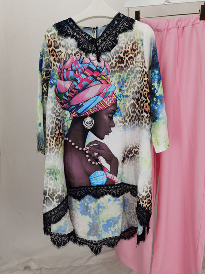 African New Fashion Lace Collar Suit (Dress and Trousers)Bat SLeeve Suit Oversized African For Lady(KSTZ1#)