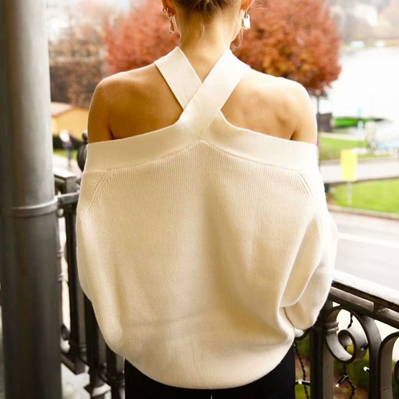 Oversize women cross halter sweaters 2020 spring fashion ladies elegant knitted pullovers female knitwear soft girls chic tops