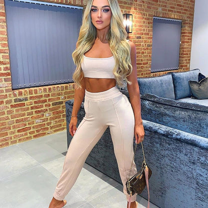 NewAsia Tacksuit Women 2 Piece Set Sleeveless White Ribbed Two Piece Outfits Crop Top Long Pants Plus Size Casual Matching Sets