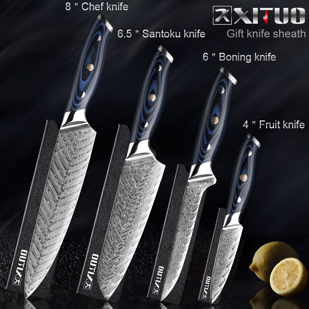 XITUO Damascus Chef Knife Professional Japan Sankotu Cleaver Boning Gyuto Kitchen Knife Cooking Tool Exquisite Plum Rivet Handle