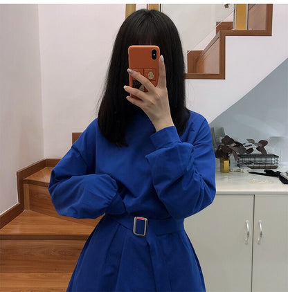 New Spring Autumn Dress Women With Belt Red Korean Dresses Woman Long Sleeve Solid Casual Short Dress Vestidos Mujer Robes