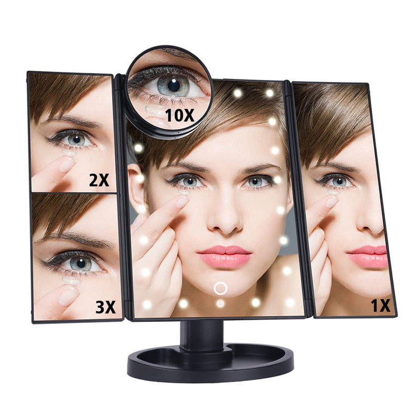 Makeup Mirror LED Touch Screen 22 Light Table Desktop Makeup 1X/2X/3X/10X Magnifying Mirrors Vanity 3 Folding Adjustable Mirror