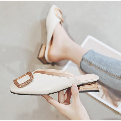 Women Summer Slip On PU Slippers Ladies Square Toe Cone Heels Slipper Woman Fashion Metal Decoration Casual Female Party Sandal