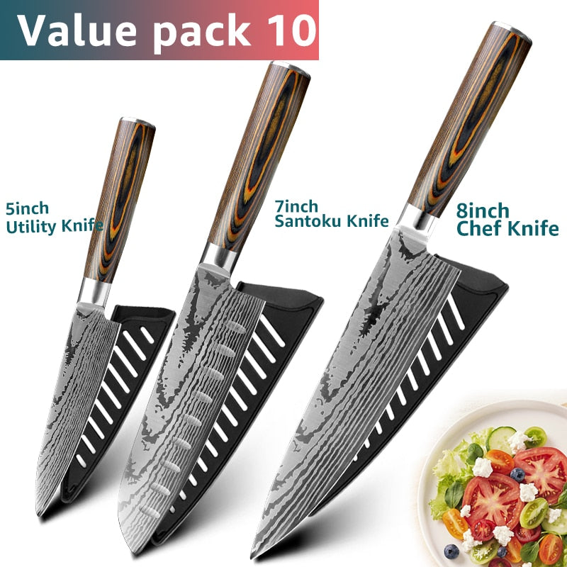 Kitchen knife Japanese Chef Knives 7CR17 440C Stainless Steel Imitation Damascus Knife Meat Cleaver Slicer Santoku Cutter Set