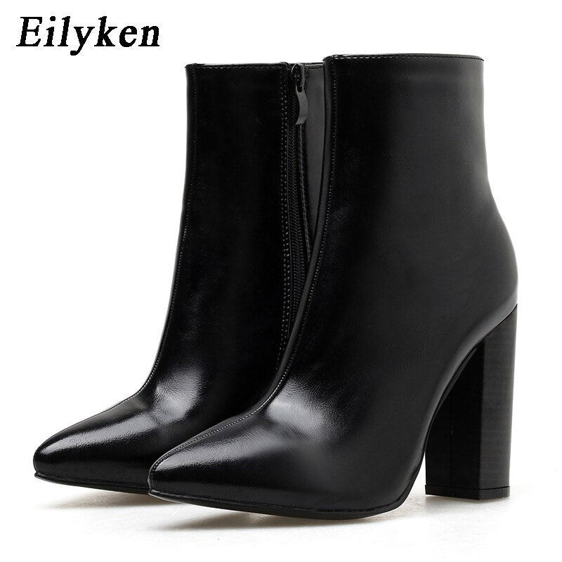 Eilyken Women PU Leather Ankle Boots Thick Heels Pointed Toe Night Club Party Shoes Woman Basic Boots Office Pumps size 41 42