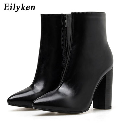 Eilyken Women PU Leather Ankle Boots Thick Heels Pointed Toe Night Club Party Shoes Woman Basic Boots Office Pumps size 41 42