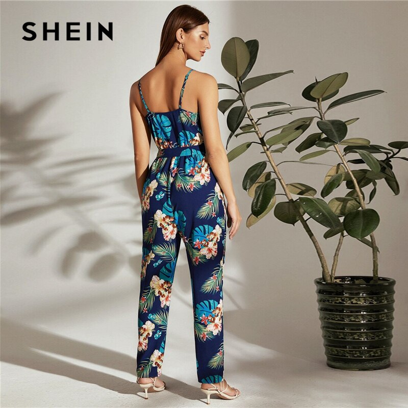SHEIN Multicolor Surplice Neck Self Belted Tropical Cami Jumpsuit Women Summer High Waist Sleeveless Long Boho Jumpsuits
