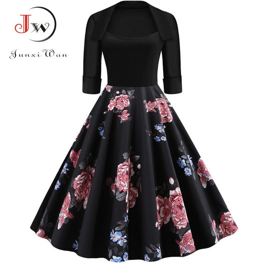 Junxi Wan Half Sleeve Black Autumn Winter Women Dress Floral Print Vintage Party Dresses Robe Casual Rockabilly A-Line Pin Up Vestidos