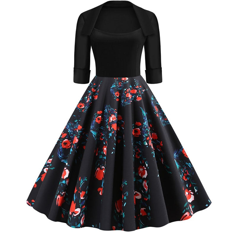 Junxi Wan Half Sleeve Black Autumn Winter Women Dress Floral Print Vintage Party Dresses Robe Casual Rockabilly A-Line Pin Up Vestidos