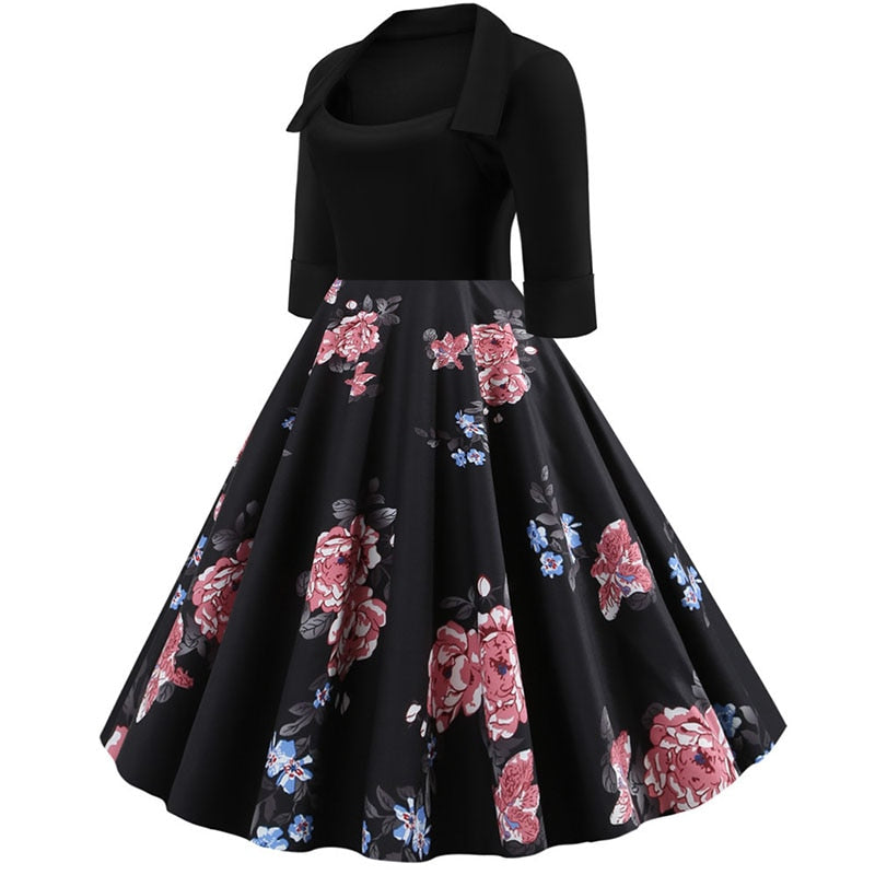 Junxi Wan Half Sleeve Black Autumn Winter Women Dress Floral Print Vintage Party Dresses Robe Casual Rockabilly A-Line Pin Up Vestidos