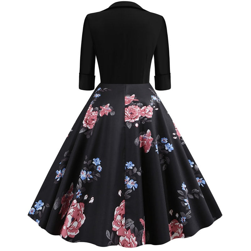 Junxi Wan Half Sleeve Black Autumn Winter Women Dress Floral Print Vintage Party Dresses Robe Casual Rockabilly A-Line Pin Up Vestidos