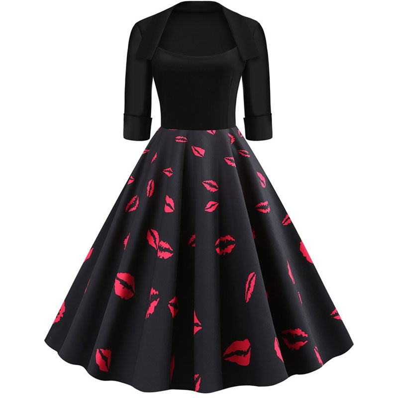 Junxi Wan Half Sleeve Black Autumn Winter Women Dress Floral Print Vintage Party Dresses Robe Casual Rockabilly A-Line Pin Up Vestidos