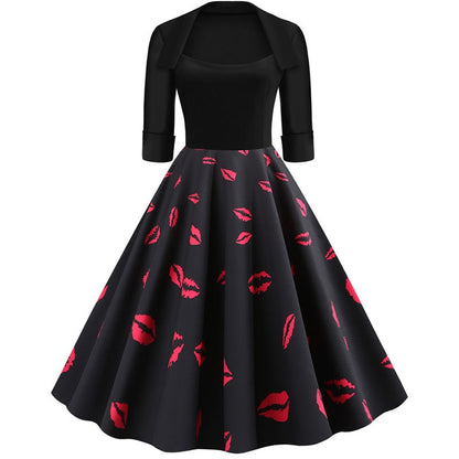 Junxi Wan Half Sleeve Black Autumn Winter Women Dress Floral Print Vintage Party Dresses Robe Casual Rockabilly A-Line Pin Up Vestidos