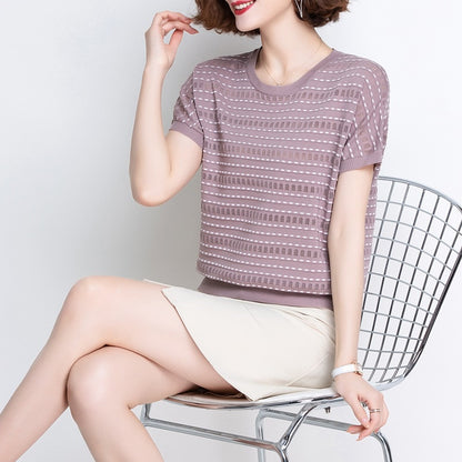Half sleeve ice silk T-shirt short sleeve T-shirt women's summer dress 2020 new Korean versatile stripe T-shirt short top