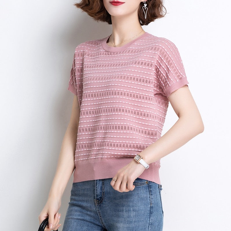 Half sleeve ice silk T-shirt short sleeve T-shirt women's summer dress 2020 new Korean versatile stripe T-shirt short top