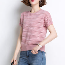 将图片加载到图库查看器，Half sleeve ice silk T-shirt short sleeve T-shirt women&#39;s summer dress 2020 new Korean versatile stripe T-shirt short top
