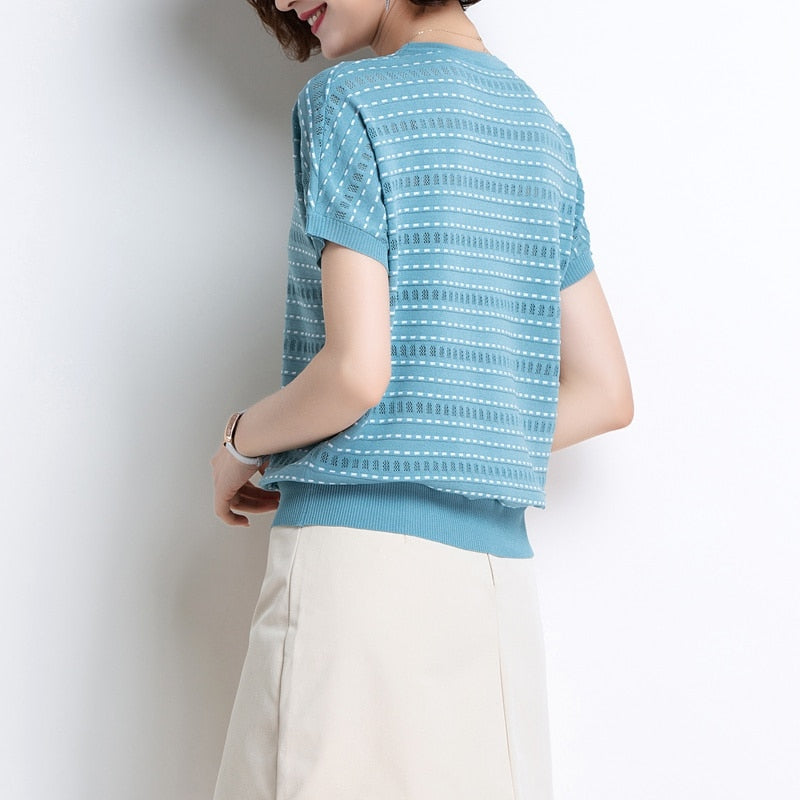 Half sleeve ice silk T-shirt short sleeve T-shirt women's summer dress 2020 new Korean versatile stripe T-shirt short top