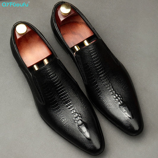 Handmade Men's Wedding Oxford Shoes Black Khaki Genuine Leather Brogue Men's Dress Shoes Slip On Business Formal Shoes For Men