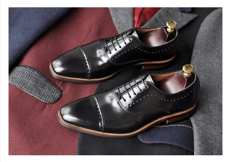 Handmade genuine leather men's business dress shoes England square head Derby   fashion three joint wedding shoes Goodyear